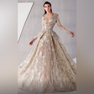 MNM COUTURE - K3765 Embroidered Long Sleeve Deep V-neck A-line Gown